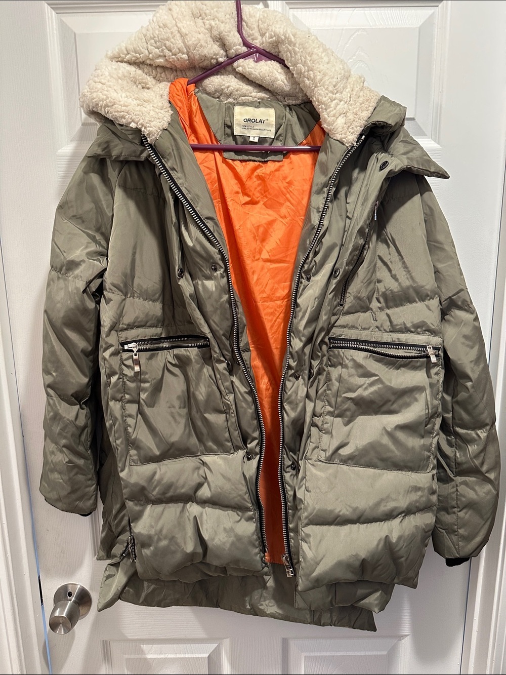 OROLAY Men's Olive Green Puffer Jacket with Orange Lining and Sherpa Hood
